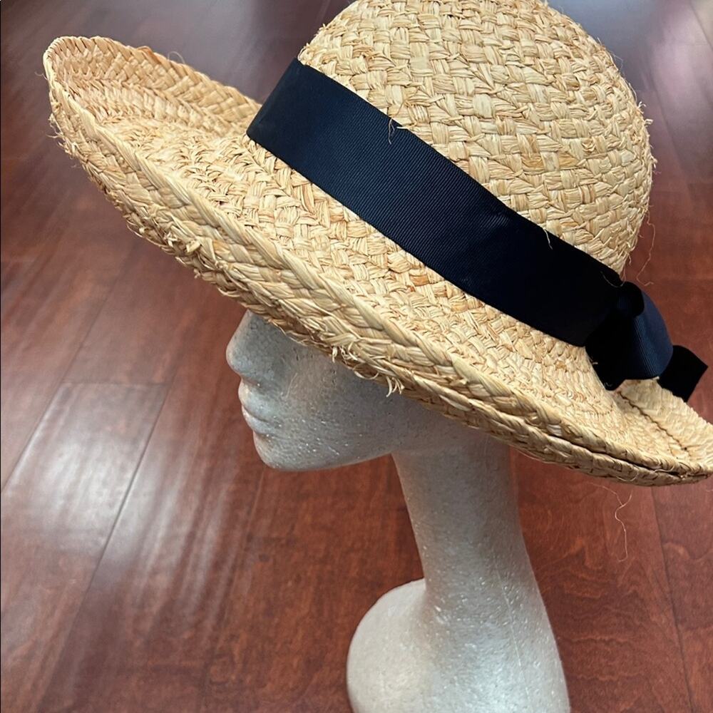 American Hat Company 100% Natural Straw Hat with Navy Ribbon Bow - Picture 6 of 16